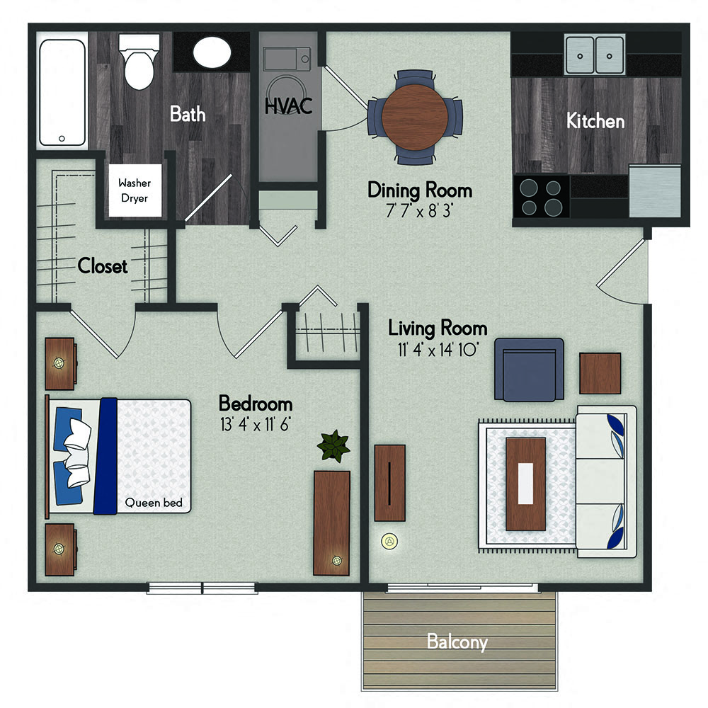 Floor plan for 1 bed, 1 bath, 636 sqft